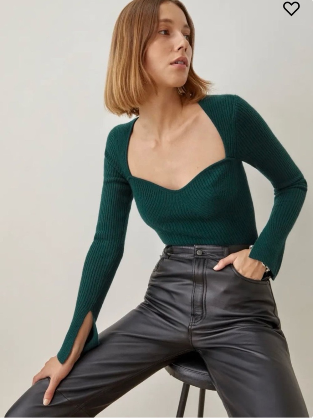 Reformation Deep Green Ribbed Sweetheart Cashmere Sweater